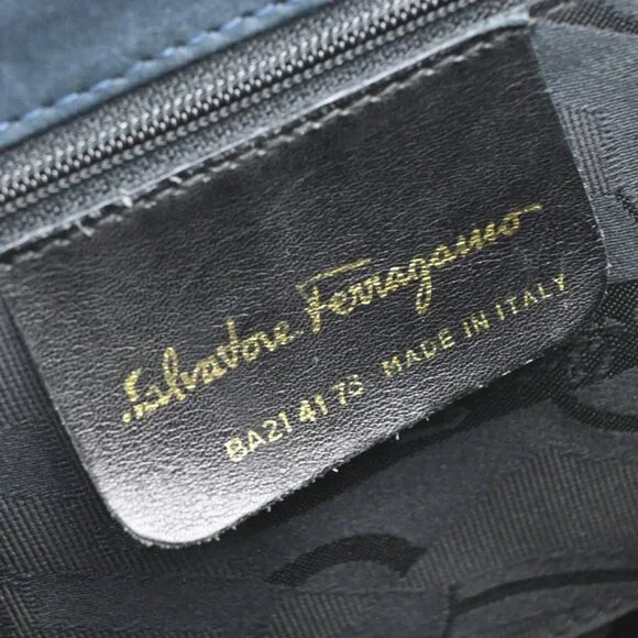 SALVATORE FERRAGAMO Vara Hand Bag Suede Leather Navy Blue Gold Italy 69KB383
